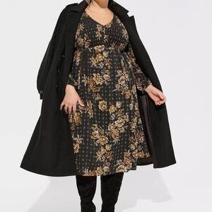 Torrid Midi Washable Gauze Smocked Bodice Long Sleeve Dress